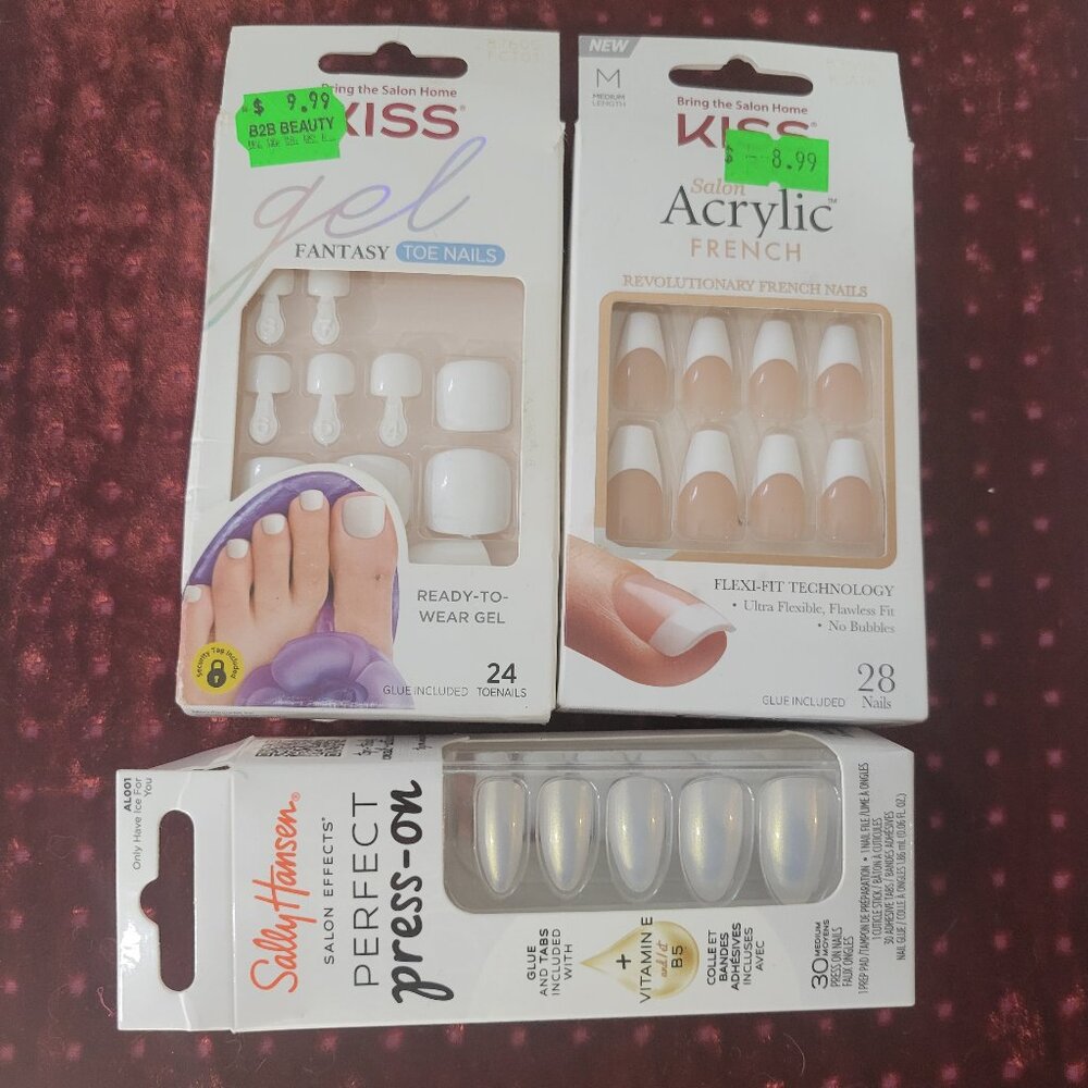 KISS French Manicure Nails and White Toe Nails with Glue NWT